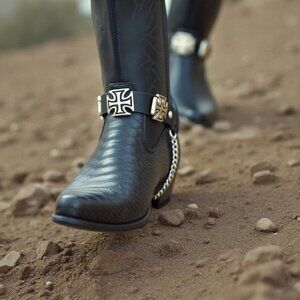 New Men Silver Chain Black Faux Leather Cross Charms Biker Boot 2 Straps Pair